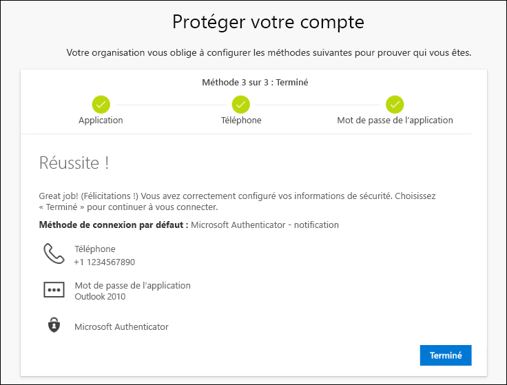 Page Mot de passe d’application avec notification de réussite