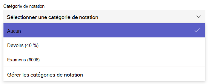 Capture d’écran de la liste déroulante de catégorie de notation dans la création d’un devoir