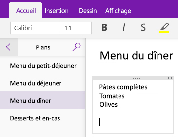 Capture d’écran d’un conteneur de notes sur une page dans OneNote