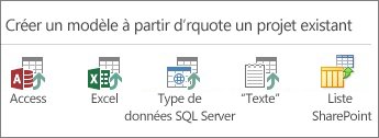 Sélections de source de données : Access ; Excel ; données SQL Server/ODBC ; texte/CSV ; liste SharePoint.