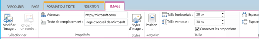 Section du ruban de SharePoint Online avec l’onglet Image sélectionné, ainsi que les sélections disponibles dans les groupes Sélectionner, Propriétés, Styles, Réorganiser, Taille et Interligne.