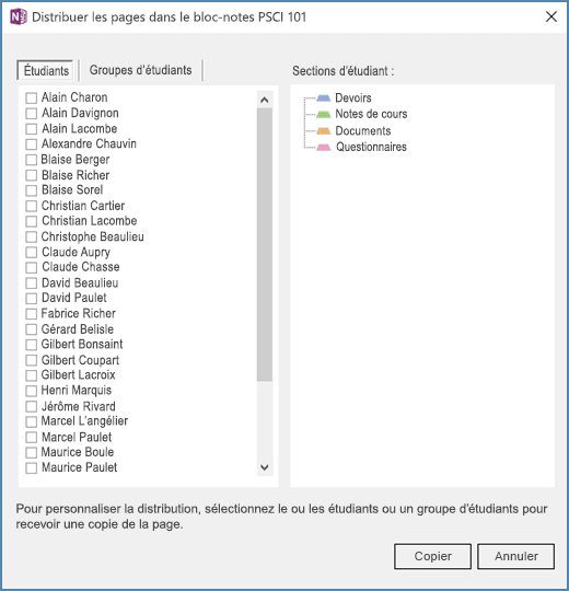 Volet Distribuer des pages avec une liste de noms d’étudiants individuels avec des cases à cocher et une liste de sections du bloc-notes étudiant de destination.