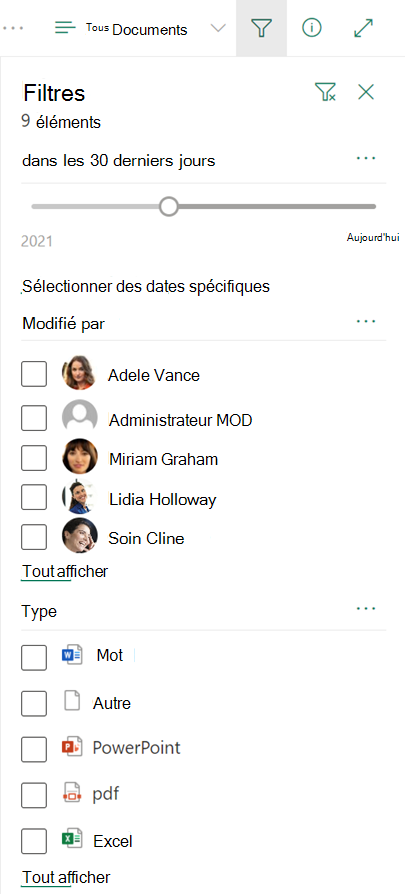 Volet de filtre dans une bibliothèque de documents SharePoint