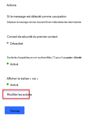 Panneau actions de stratégie anti-hameçonnage avec une flèche pointant vers le lien Modifier les actions.