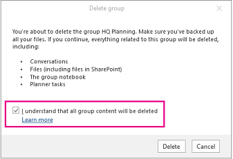 Boîte de dialogue De confirmation de suppression du groupe avec la case « Je comprends » cochée