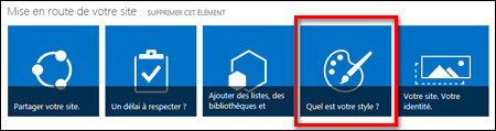 Site nouvellement créé dans SharePoint Online, montrant des vignettes cliquables permettant de personnaliser le site