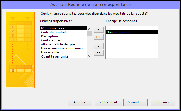 Sélectionnez les champs que vous voulez afficher dans le résultat de la requête dans la boîte de dialogue Assistant Requête de non-correspondance.