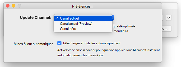 Image de la fenêtre Microsoft AutoUpdate -> Fenêtre de préférences qui affiche les options de canal de mise à jour.