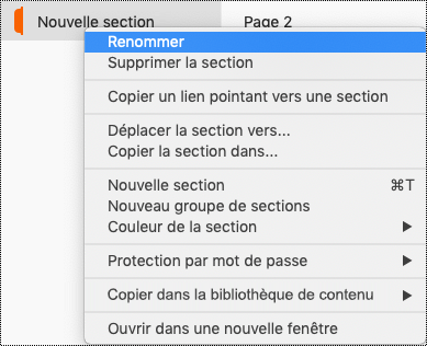 Menu contextuel Section avec l’option Renommer la section mise en évidence