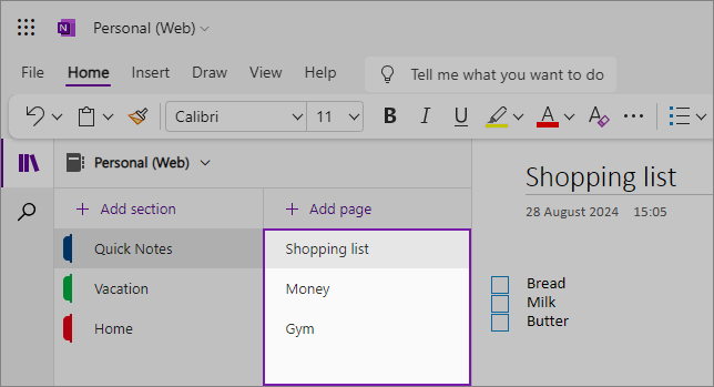 Affichage de l’interface utilisateur web OneNote montrant la zone de contenu