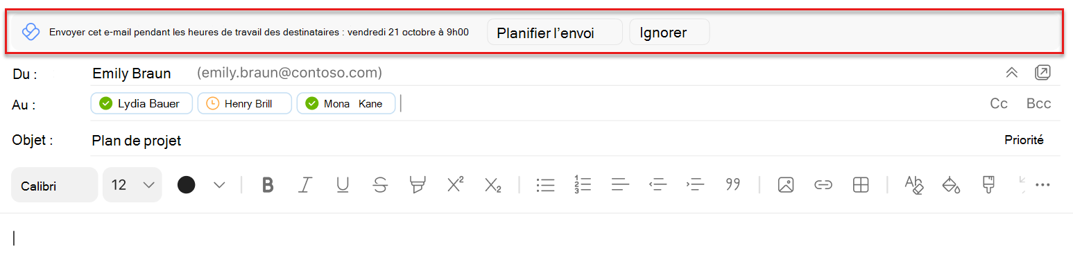 Capture d’écran d’une suggestion d’envoi de planification dans Outlook Mac mise en évidence au-dessus de la ligne De