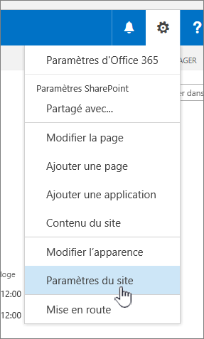 Option paramètres du site sous le bouton Paramètres