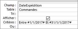 Une expression dans la ligne « Critères » de la grille d'interrogation