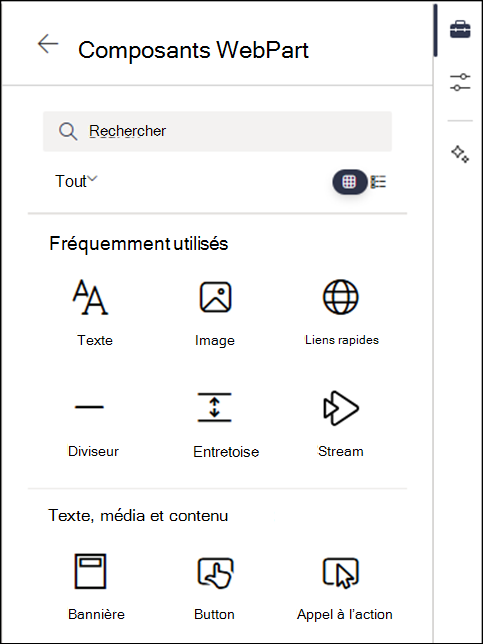 Composants WebPart répertoriés dans le niveau 2 de la boîte à outils