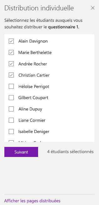 Sélectionnez les étudiants à l’aide de cases à cocher.