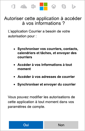 Appuyer sur Oui pour accepter les autorisations