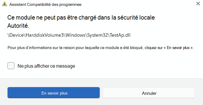 Alerte lancée lorsque la protection LSA bloque le chargement d’un fichier.