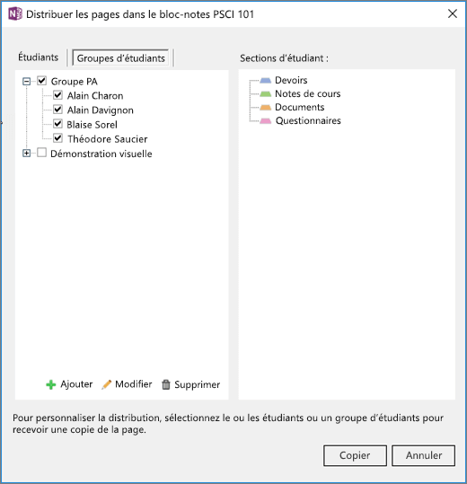 Le volet Distribuer les pages du bloc-notes pour la classe contenant une liste de groupes d’étudiants avec des cases à cocher et une liste de sections de destination dans les blocs-notes des étudiants.