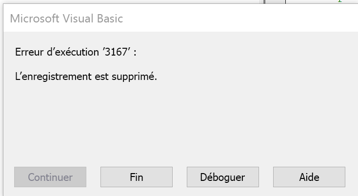 Erreur indiquant que l’enregistrement est supprimé.