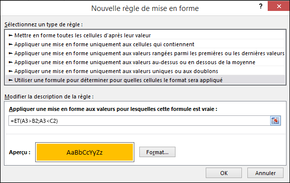 Mise en forme conditionnelle > boîte de dialogue Modifier la règle affichant la méthode Formule