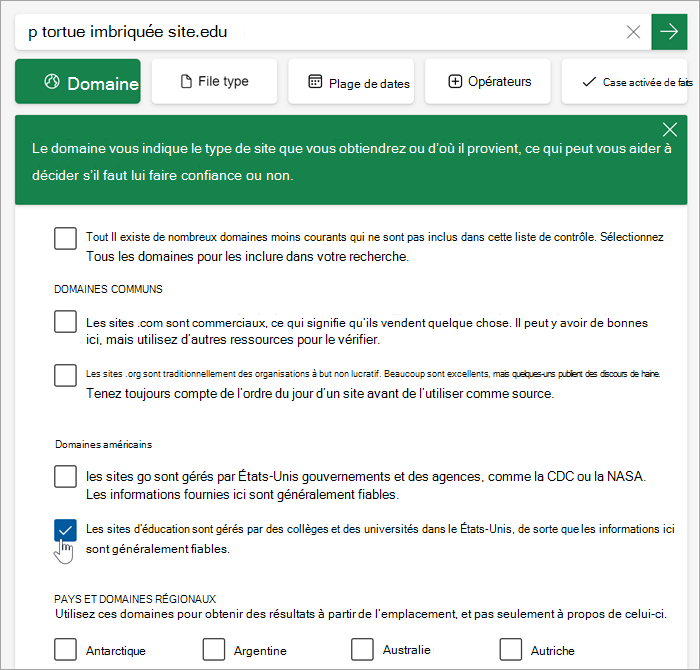 Capture d’écran de la liste déroulante de sélection des domaines. Les options sont répertoriées avec des explications (similaires à celles de l’article)