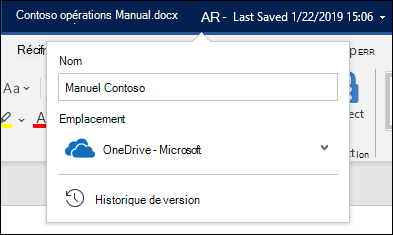 Menu déroulant du titre du document dans Word pour Office 365