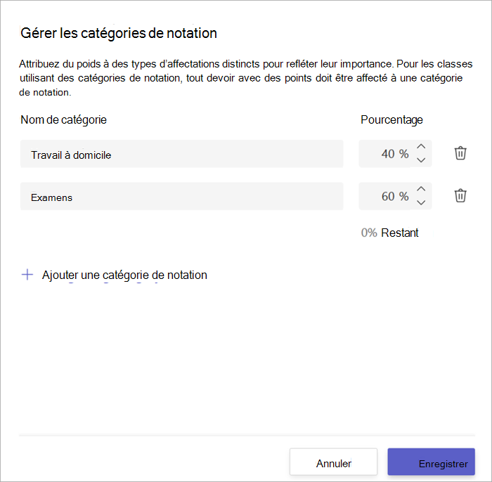 capture d’écran de la fenêtre de notation des catégories montrant 2 catégories, les devoirs pour 40 % et les examens pour 60 %