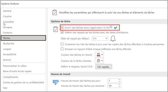 Capture d’écran montrant « Tâches » en surbrillance dans le volet gauche et « Ouvrir des tâches dans l’application To Do » encerclée sur le côté droit.