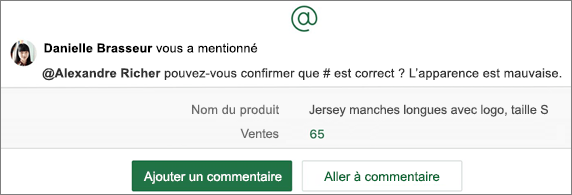 Feuille de calcul avec @mentionner et boutons Ajouter un commentaire et Accéder au commentaire