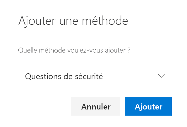 Zone Ajouter une méthode, avec les questions de sécurité sélectionnées