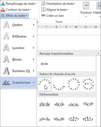 Sélection d’un effet de texte de transformation incurvé