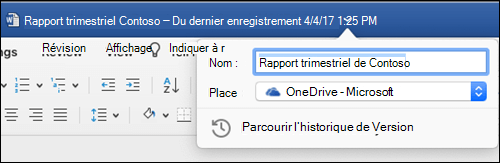 Boîte de dialogue Opérations de fichier lancée en cliquant sur la barre de titre d’un document Word.