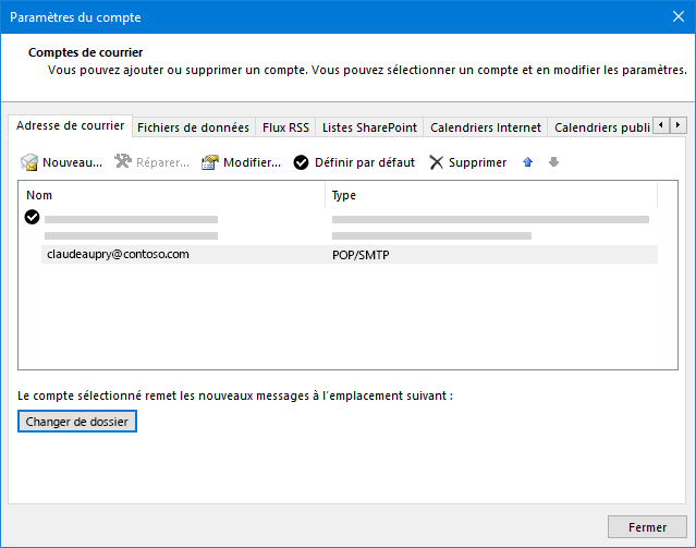 Boîte de dialogue Paramètres du compte Outlook