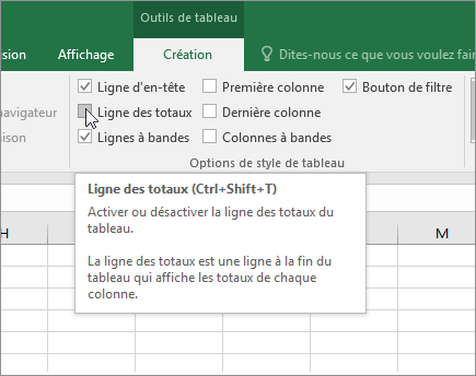 Option Ligne des totaux dans l’onglet Création