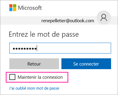 Capture d’écran de la case à cocher « Maintenir la connexion » sur la page de connexion Outlook.com