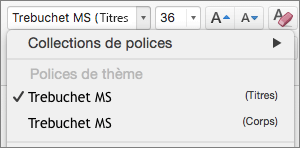 Capture d’écran illustrant les options Polices du thème pour les Titres et le Corps disponibles via la zone combinée déroulante Police sous l’onglet Accueil du groupe Police.