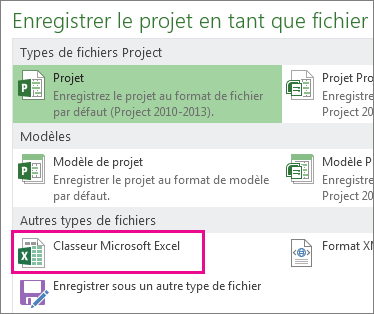 Enregistrer un fichier Project en tant que classeur Microsoft Excel