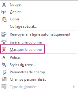 Hide Column command on the right-click menu