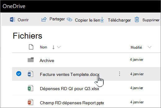 OneDrive avec un fichier sélectionné