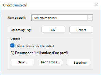 Boîte de dialogue Choisir un profil avec le nom du nouveau profil. L’option Définir comme profil par défaut est sélectionnée.