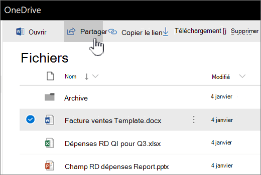 OneDrive avec un fichier sélectionné et le bouton partager transféré