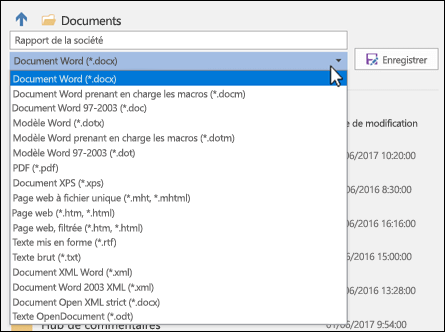 Cliquez sur la liste déroulante du type de fichier pour sélectionner un autre format de fichier pour votre document