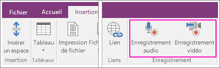 Capture d’écran du menu Insertion avec les boutons Audio/Vidéo dans OneNote 2016