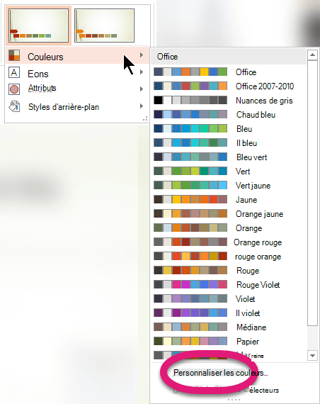 En bas du menu Couleurs, sélectionnez Personnaliser les couleurs.