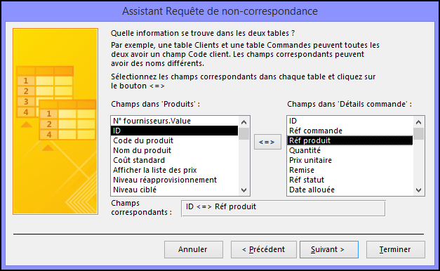 Sélectionnez les champs correspondants à partir des tables de la boîte de dialogue Assistant Requête de non-correspondance.