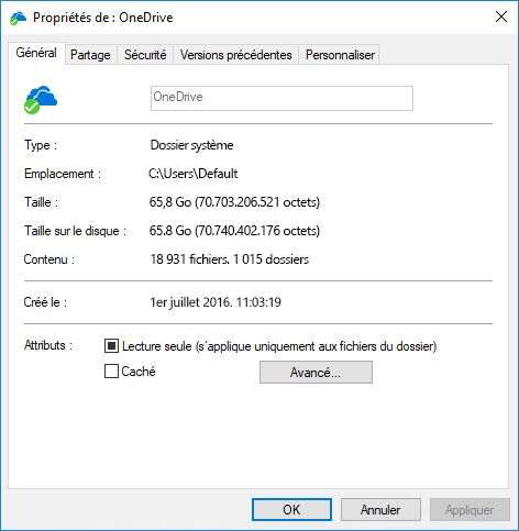 Propriétés de OneDrive