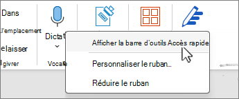 Afficher la barre d’outils Accès rapide sélectionnée dans le menu