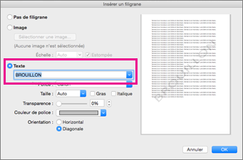 Dans la boîte de dialogue Insérer un filigrane, cliquez sur Texte