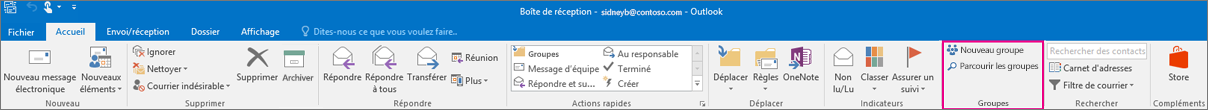 Options Groupes dans le ruban Outlook principal