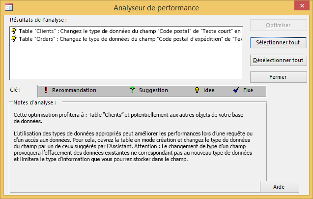 Boîte de dialogue des résultats de l’Analyseur de performance après l’exécution de l’outil sur une base de données Access.